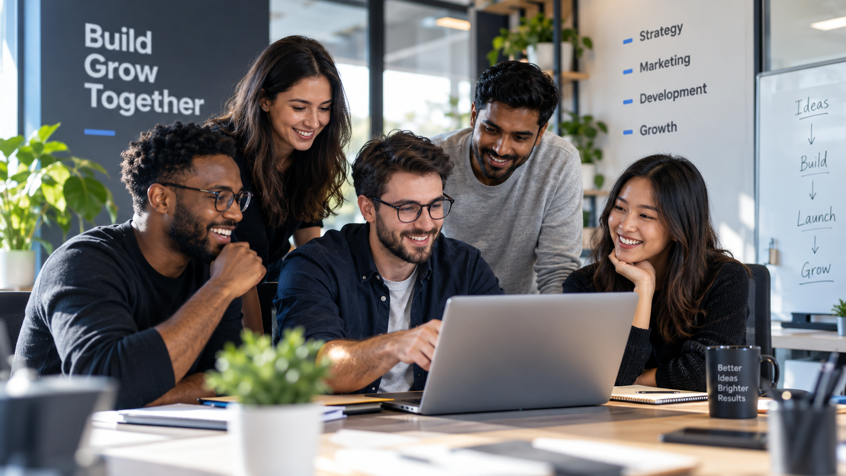 USInfynity marketing and software team collaborating around a laptop