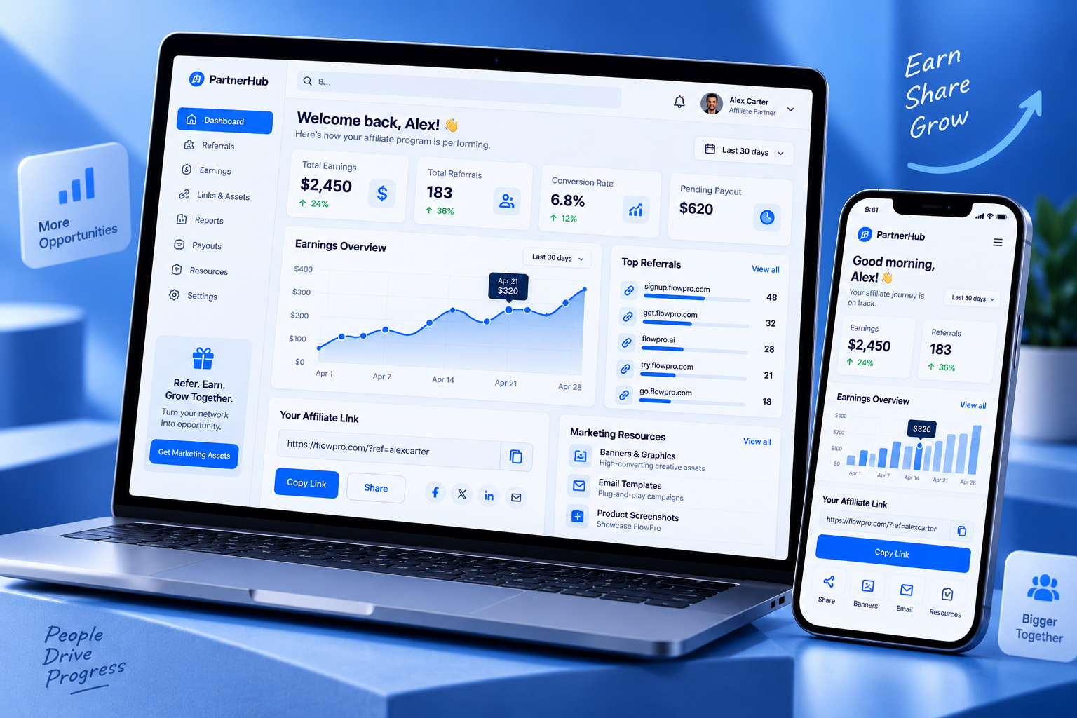 Affiliate network dashboard showing partner performance metrics